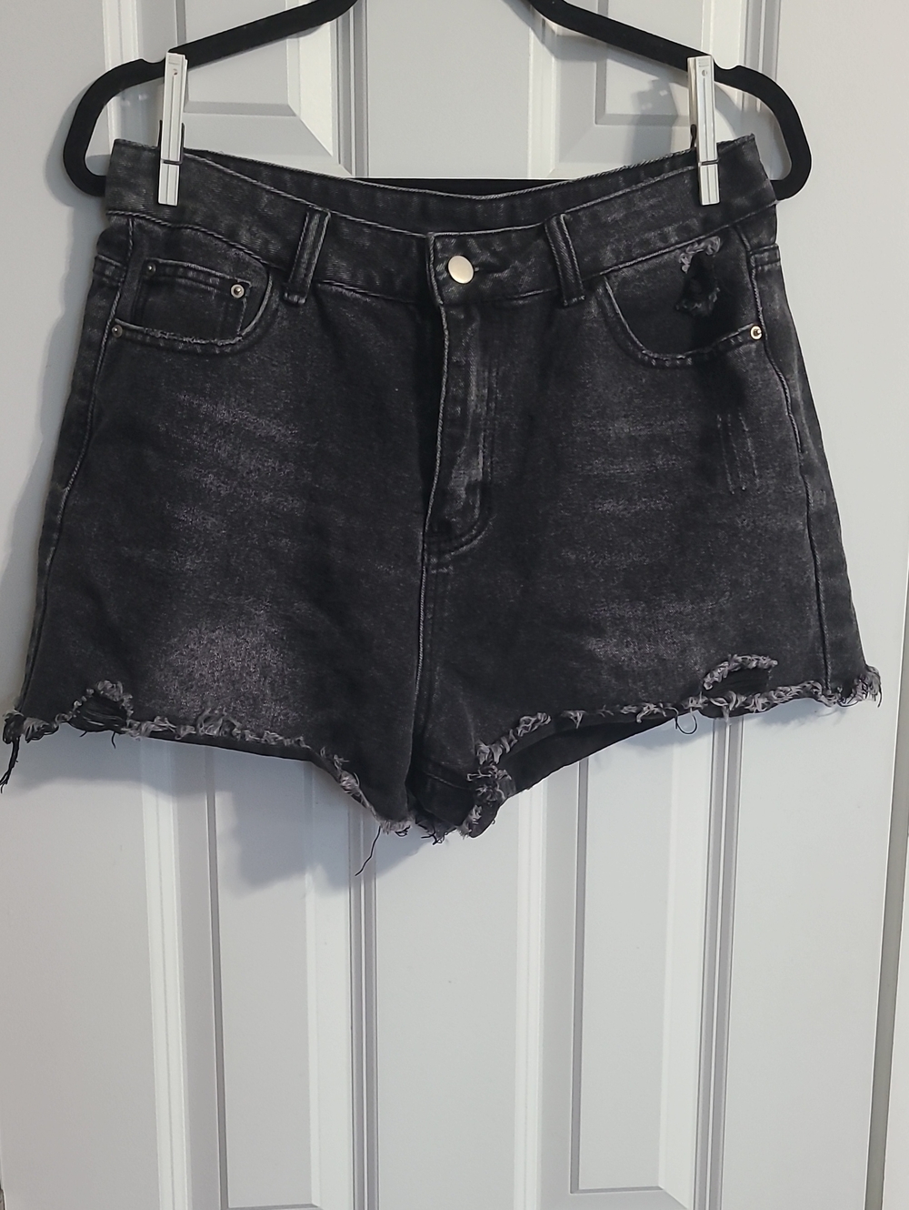 Black Washed Denim Frayed Hem Women's Shorts